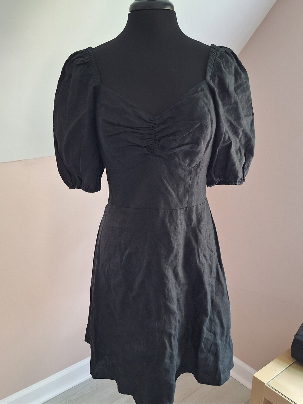 The Drop NWT Women's Nala Twist-Front Linen Mini Dress in Black M